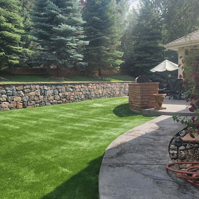 Backyard with turf lawn, boulder retaining wall and pines — Angel's Landscaping LLC, Castle Rock, CO