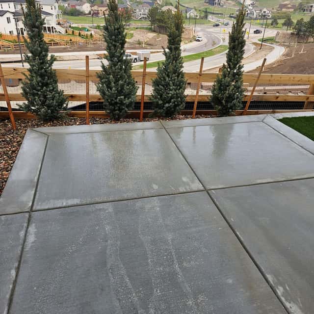 Broom-finished concrete patio with control joints and new spruces — Angel's Landscaping LLC, Castle Rock, CO
