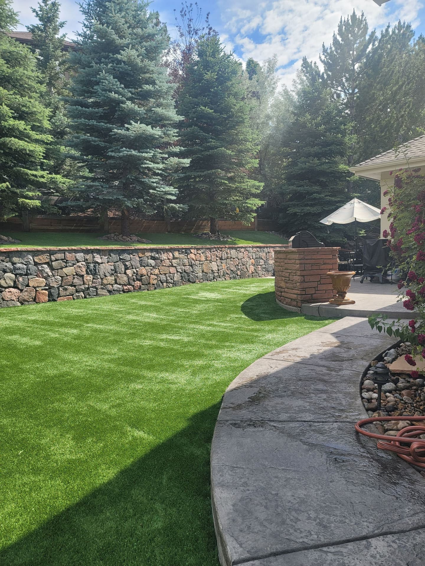 Backyard built by Angel's Landscaping in Castle Rock, Colorado — synthetic turf lawn, boulder retaining wall and paver patio